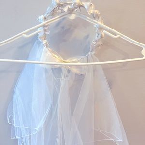 Snow White Communion Veil with Double Satin Bow/White Flowers/Beads and Tulle.